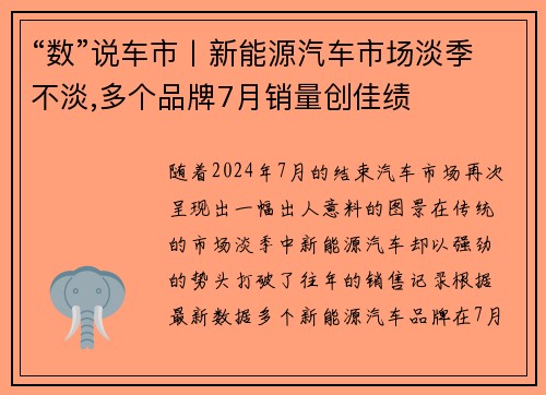 “数”说车市丨新能源汽车市场淡季不淡,多个品牌7月销量创佳绩